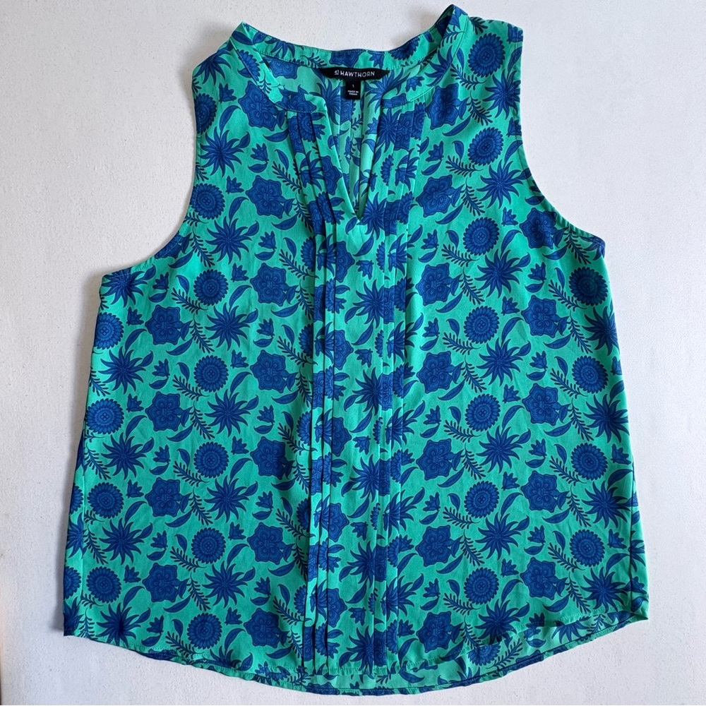 41 Hawthorn sleeveless blouse tank top size large blue green floral lightweight